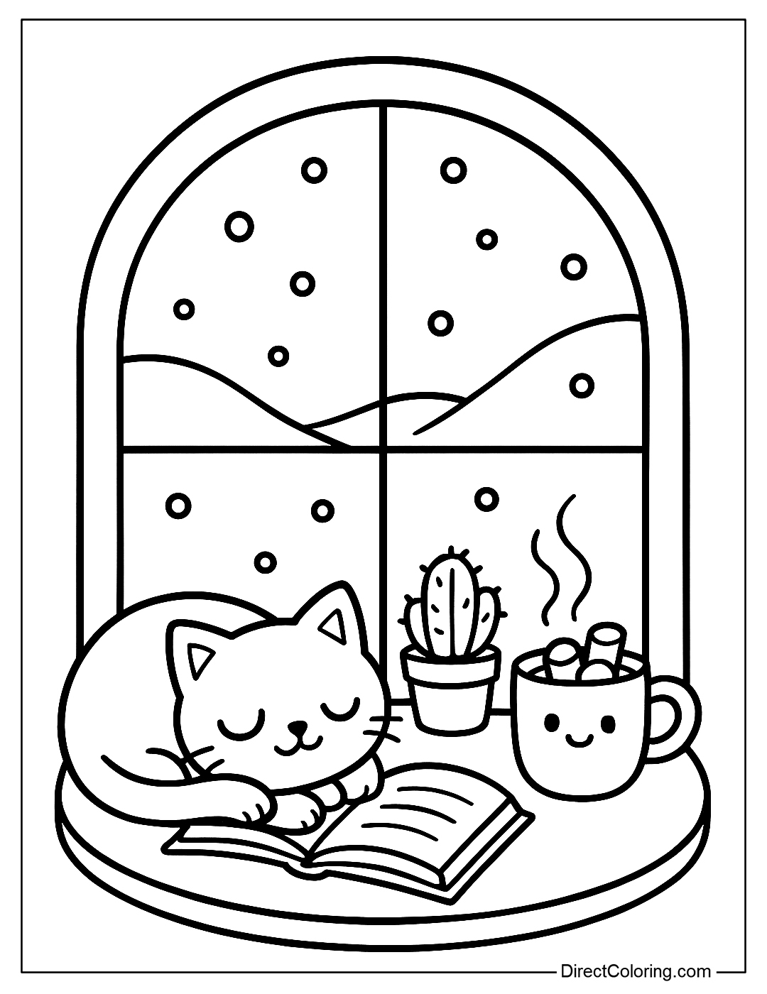 Coloring Page A window overlooking the snow, inside is a sleeping cat, an open book, a small cactus and a cup of cocoa